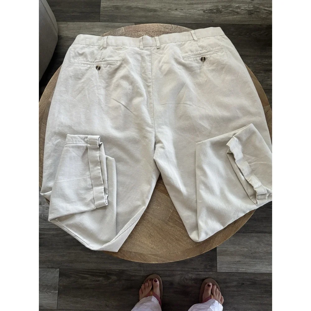 Men's 46x 32 Linen Cotton Pleated Dress Pants Beige Cuffed Irvine Park